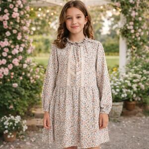 Cyrillus Girls Sz 12 Flannel Floral Dress Long Sleeve Coquette Paris Prarie